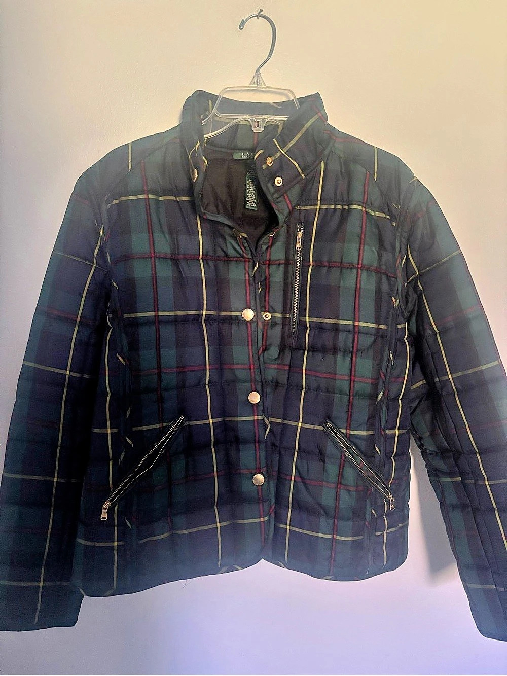 Lauren Ralph Lauren Plaid Puffer Jacket in Green & Black Like New